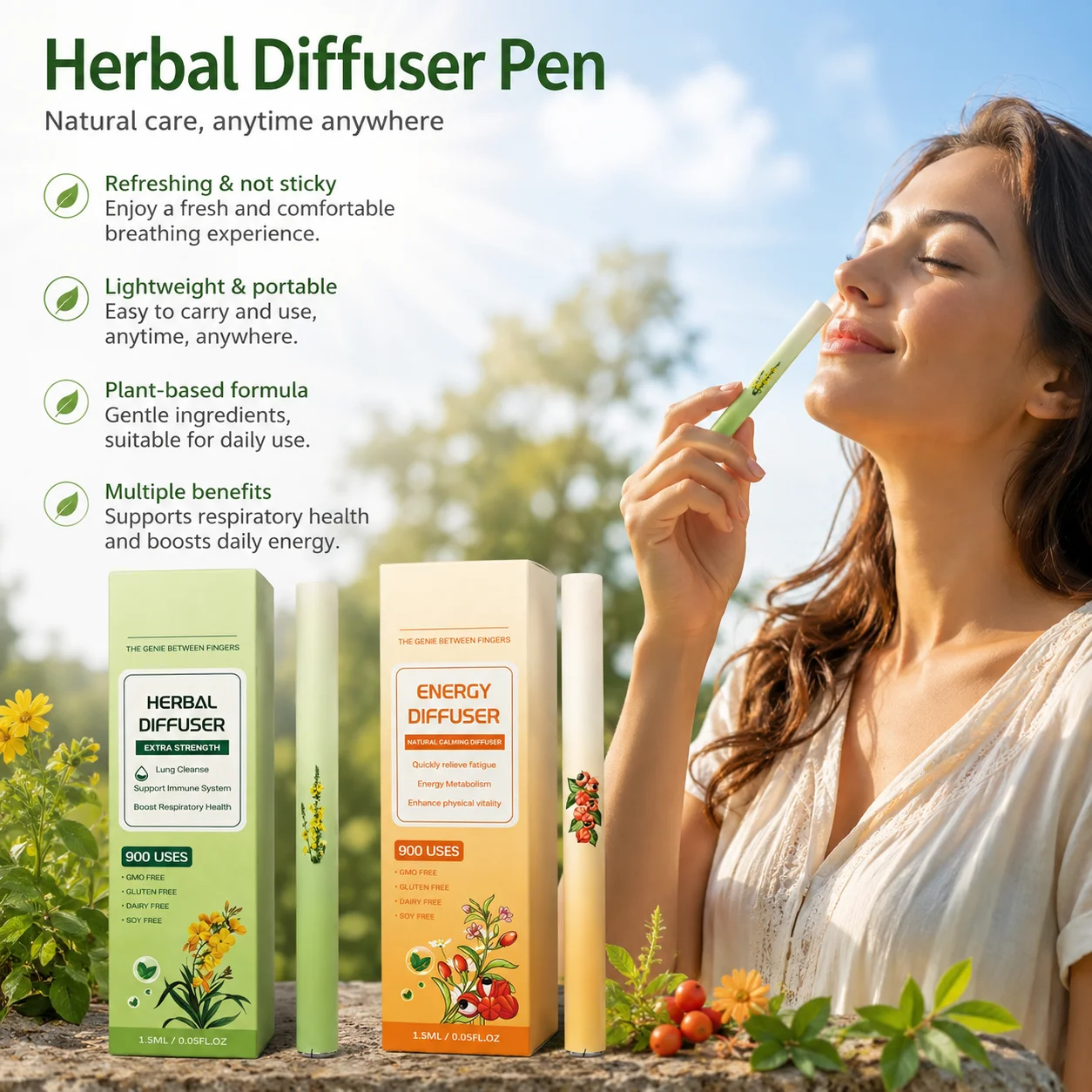 Organic Herbal Diffusion Pen Lung Breathe Cleanse Relieve Fatigue Soothing Anxiety Moods Natural Aromatherapy Air Freshing Pen