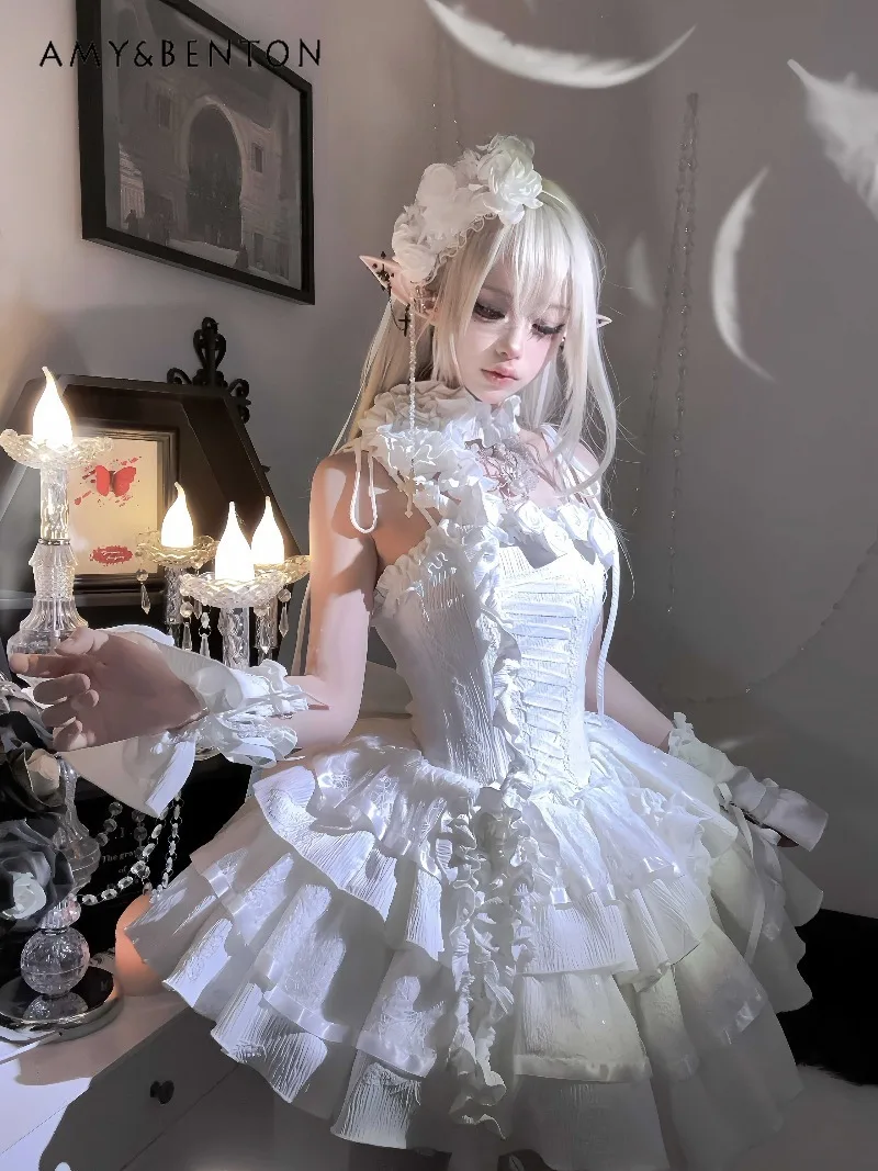Subculture Gothic Princess Dress Three-Dimensional Flowers Strapless JSK Fishbone Slim Fit High Waist Tutu White Dress Women