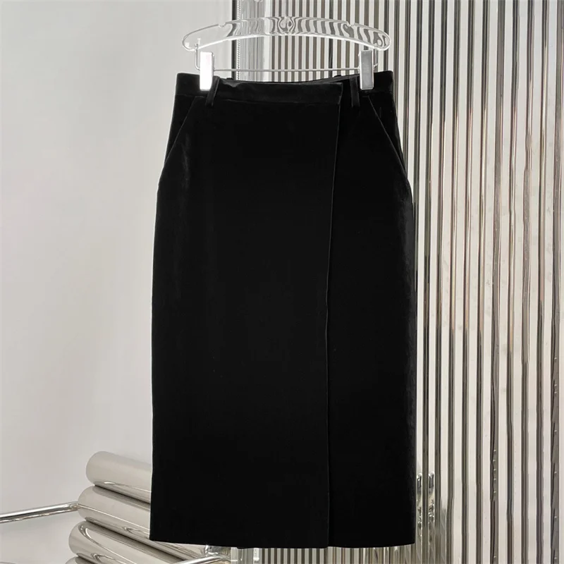 تنورة نسائية 2026 ربيع جديد تنورة طويلة عالية الخصر غير متماثلة ضئيلة المرأة نصف تنورة المخملية تنورة مجسّمة الورك المعانقة تنورة #3