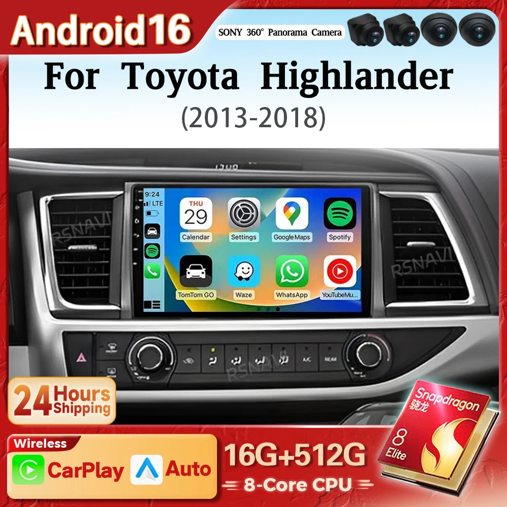 Android 16 Carplay Auto Car Radio Multimedia Player For Toyota Highlander 3 XU50 2013 - 2018 DSP Autoradio GPS Stereo Snapdragon