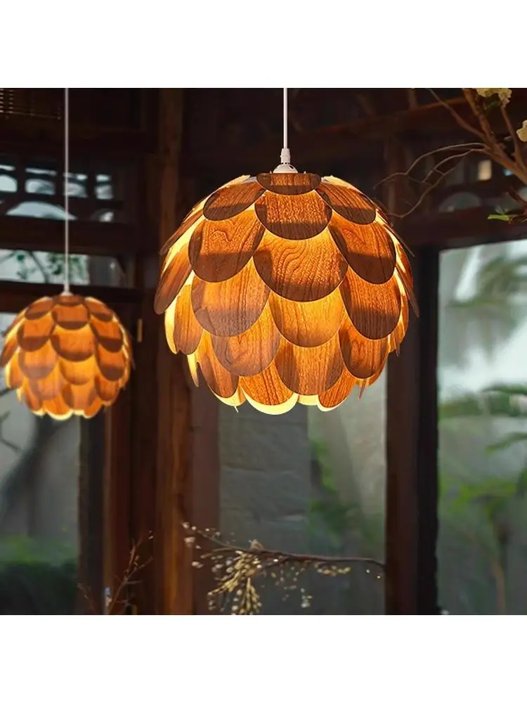 

Creative wooden pine cone restaurant pendant light retro art bedroom tea room balcony study room interior decoration light