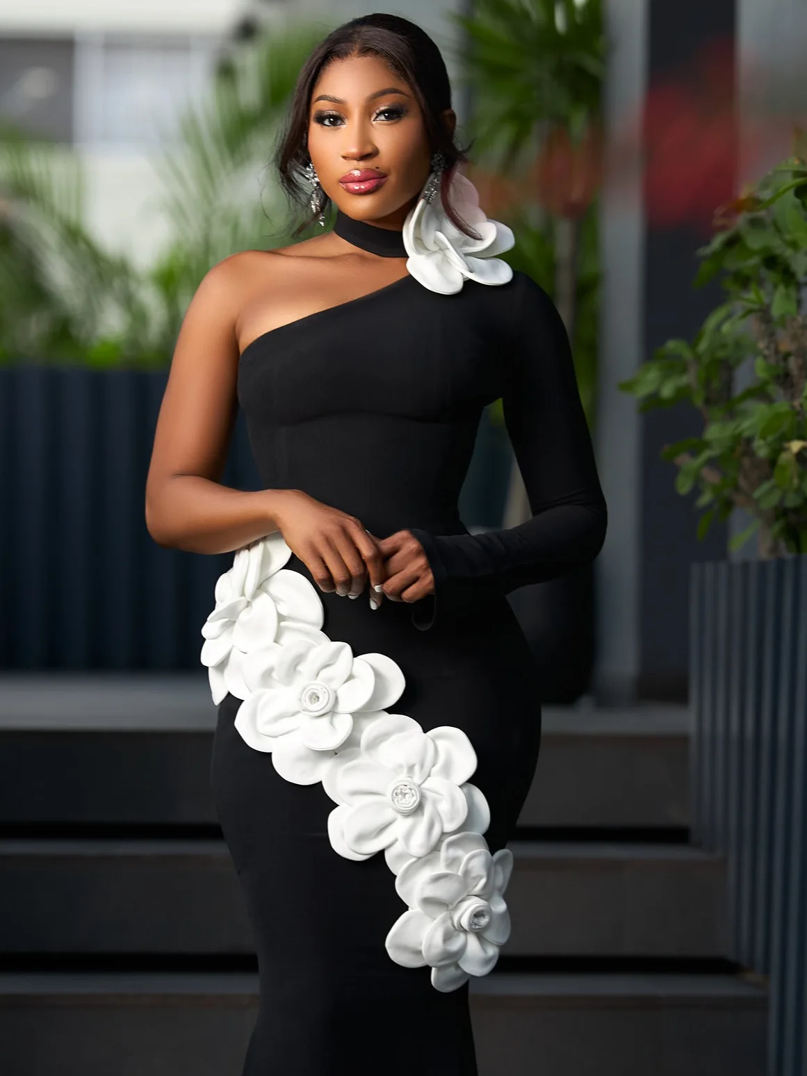 

2025 Women Celebrity Sexy One Shoulder Long Sleeve 3D Flowers Black Dress Elegant Evening Party Club Vestido