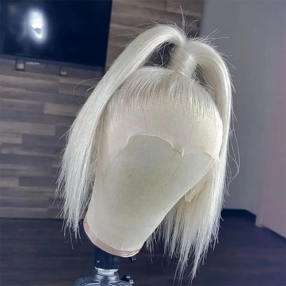 

Free Part Platinum Blonde Short Straight Lace Front Wig for Women Synthetic Hair Natural Hairline Wigs for Cosplay Daily Party U