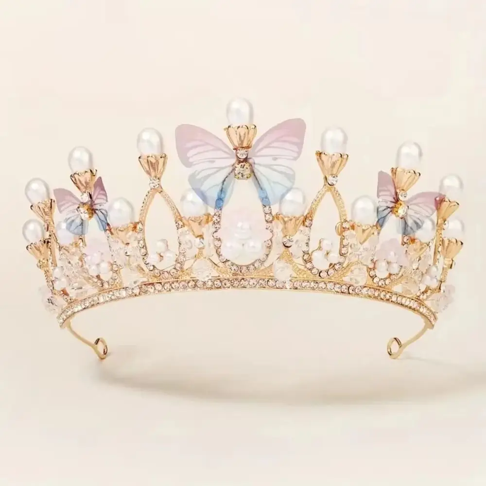 Corona de princesa hecha a mano, diseño de mariposa con diamantes de imitación, Tiara de mariposa, modelo decorado con perlas, diadema de perlas de pasarela