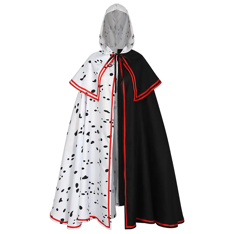 

Adult Halloween Black White Point Hooded Cloak Cruella Cosplay Costume for Men Women Carnival Party Stage Performance Wear Cape