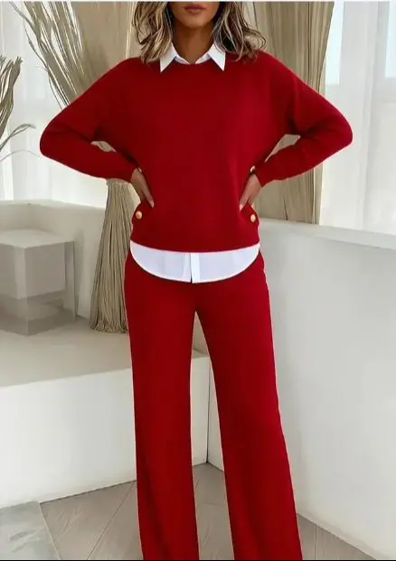 

Женский комплект из двух предметов, вязаный свитер, широкие брюки, комплект с пуговицами, топ, пуловер, зимний свободный трикотаж, толстовка, комплект брюк