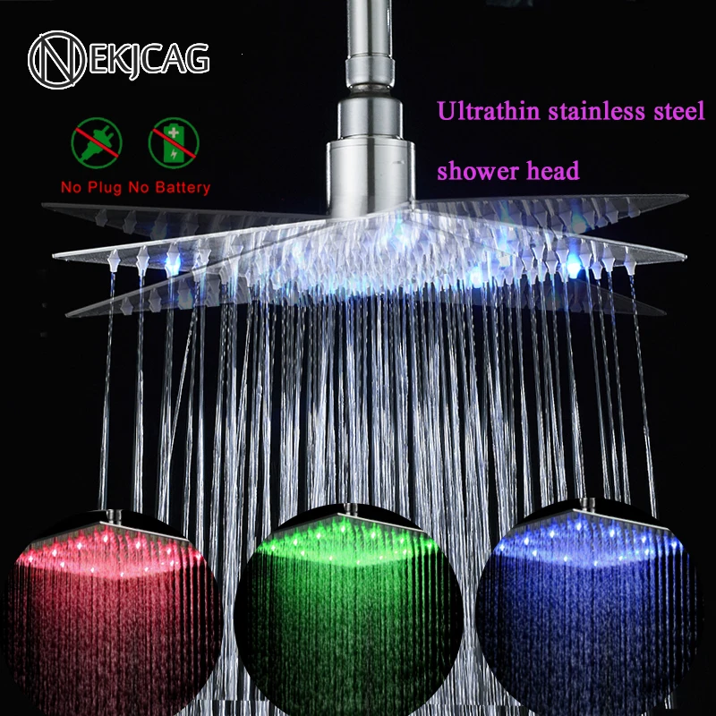 Grifo de ducha LED para baño, rociador superior de acero inoxidable, cabezal de ducha cromado de 20/16 pulgadas, modo de agua de lluvia, grifo de cabeza de látex