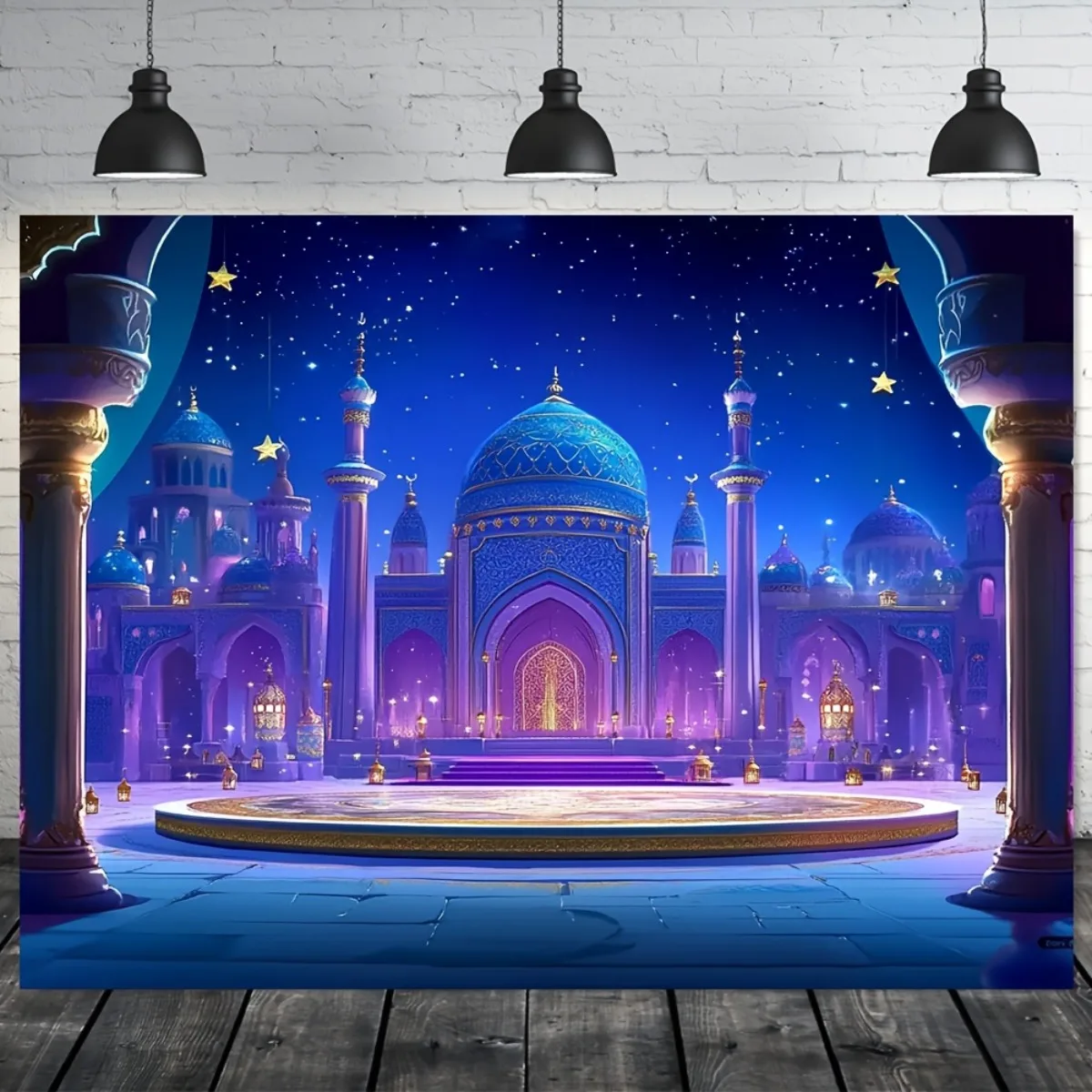 

1pc Moroccan Nights Arabian Nights Backdrop Banner - Middle Eastern Party Decorations with Blue & Golden Islamic Architecture,