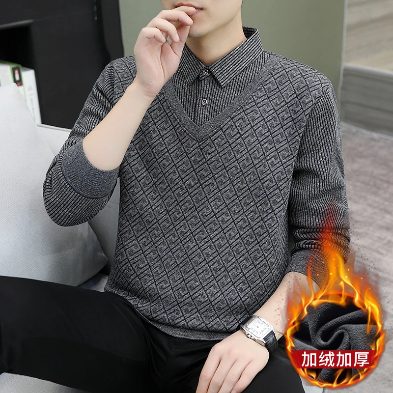 

Autumn and Winter Men's Fake Two-piece Knitted Joker Shirt Collar Coat Men's Sweater with Cardigan Inside