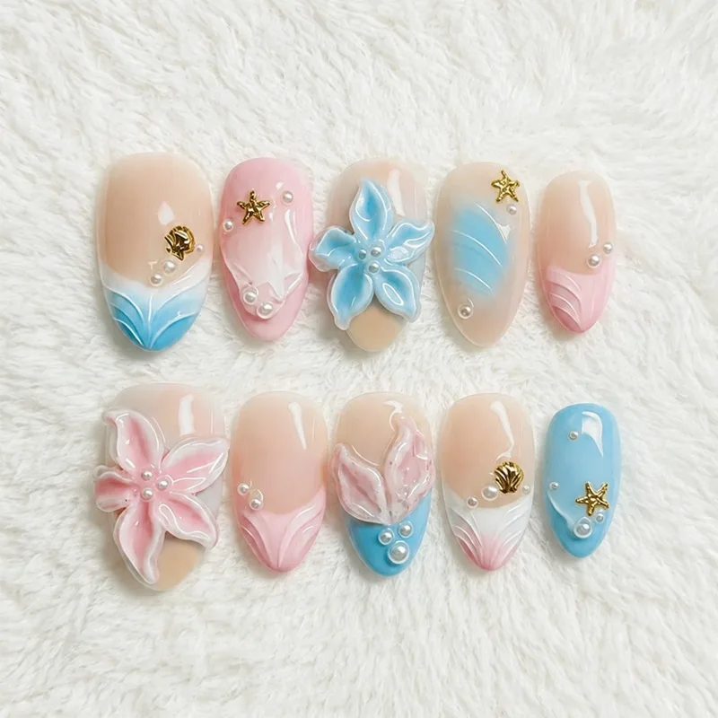 24PCS Sweet Pink 3D Flower Almond False Nails Blue Gradient French Seastar Shell Nail Tips Full Cover Luxury Press on Fake Nails