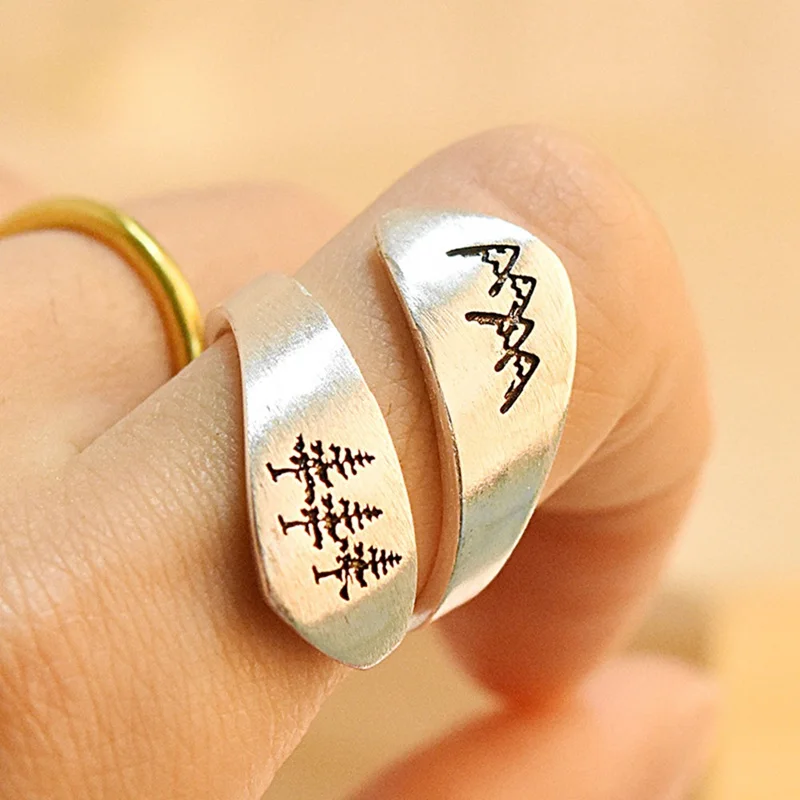 New Simple Trendy Women\'s Ring Green Tree Forest Mountain Brushed Wedding Ring Women\'s Party Jewelry Creative Open RingWholesale
