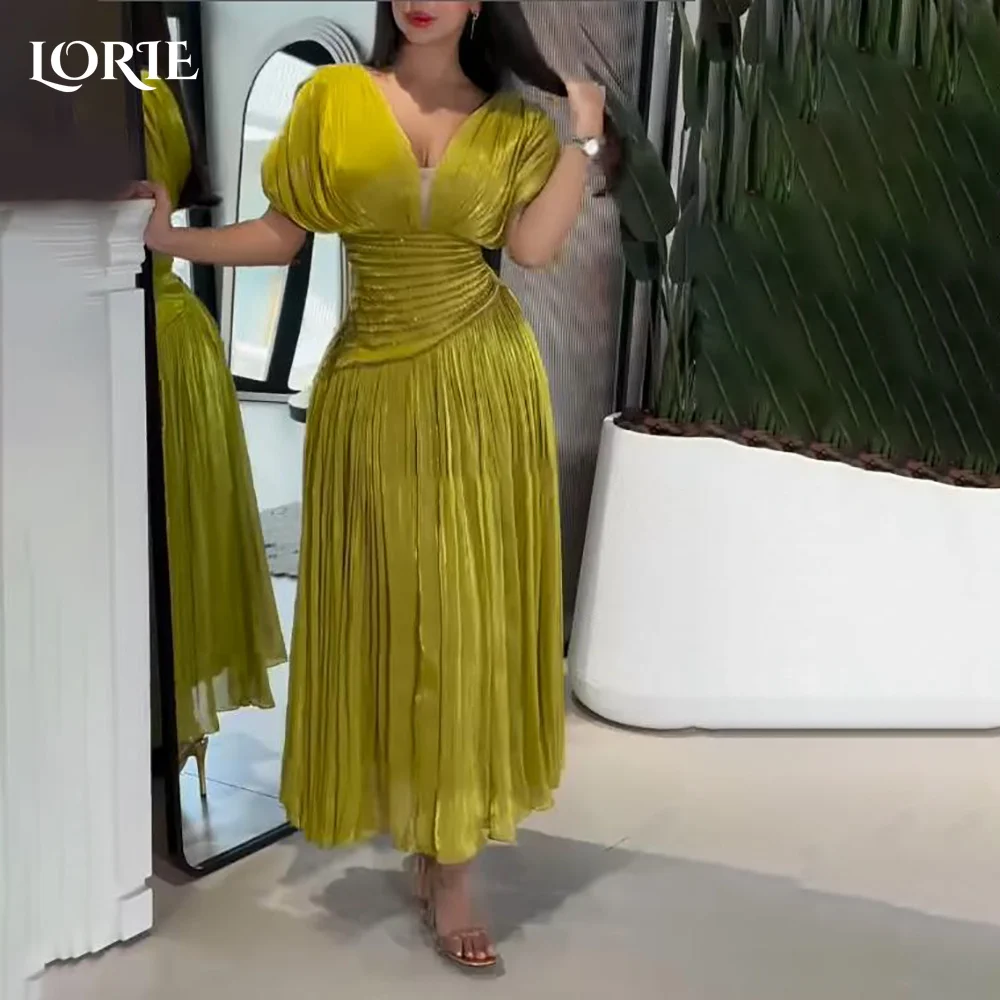 

LORIE Puff Short Sleeve Muslim Evening Dress Pleats A-Line Prom Dress Shiny Satin Ruched Illsion Backless Ball Gowns Customized