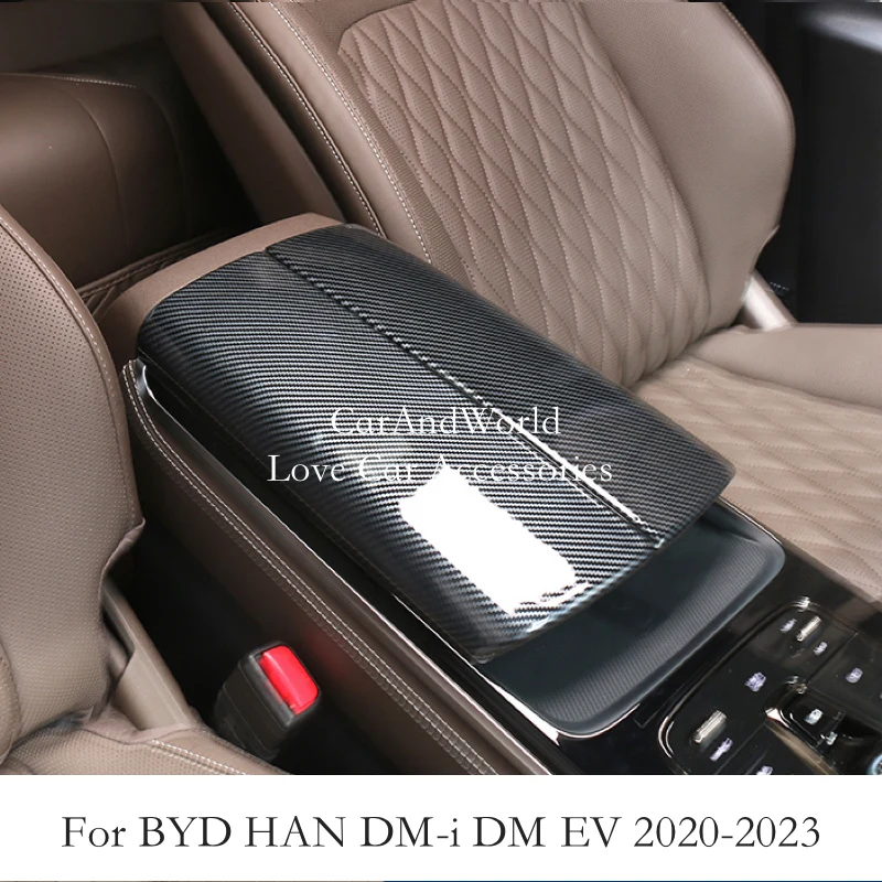 Carbon Fiber Central Armrest Storage Box Panel Cover Trims Car Interior Garnish Accessories For BYD HAN DM-i EV 2020-2023