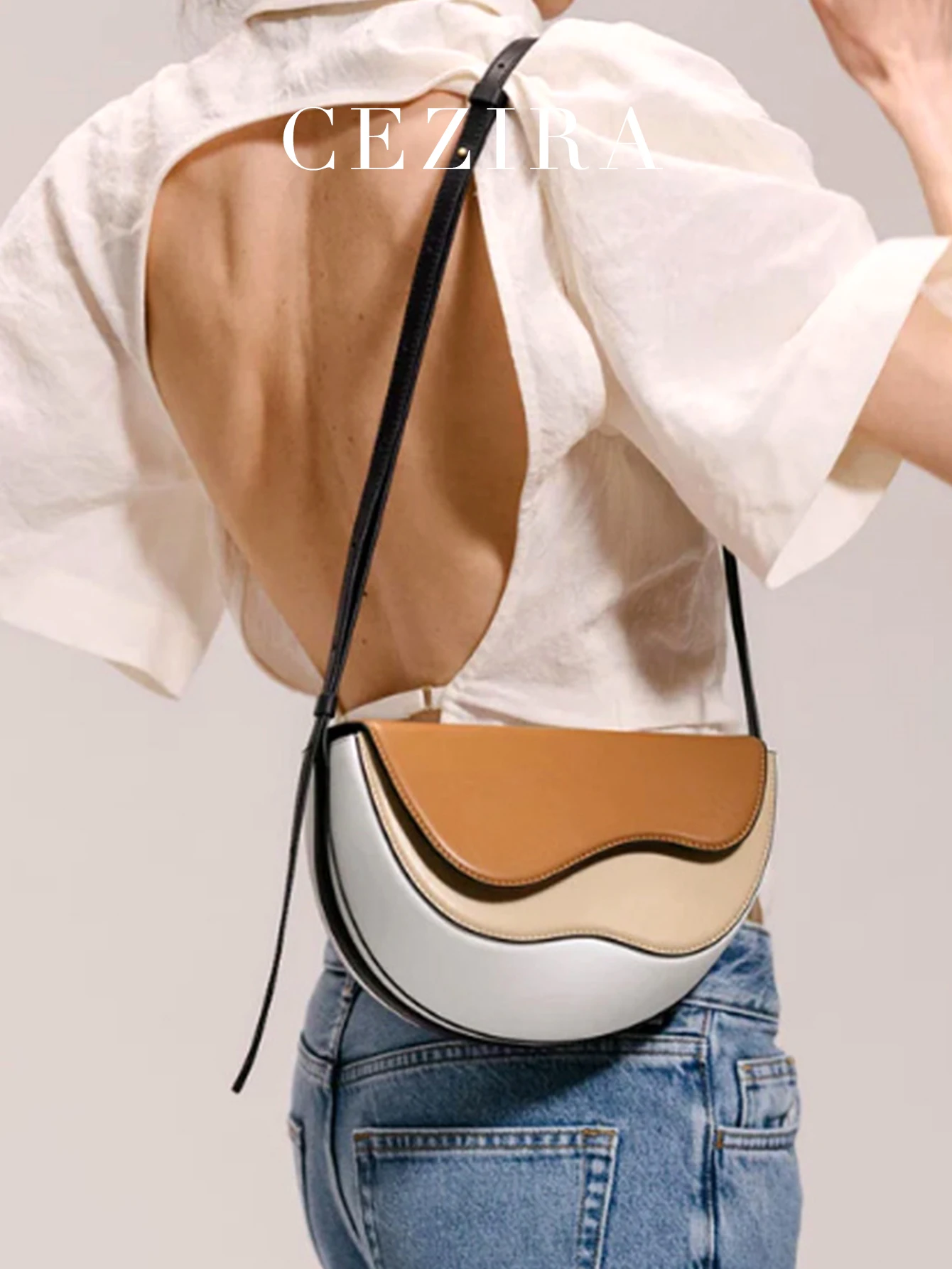 CEZIRA Fashion Designer Contrast Color Cross body Bags Women Unique Chic Style Flap Saddle Purse Brand PU Vegan Leather Handbags