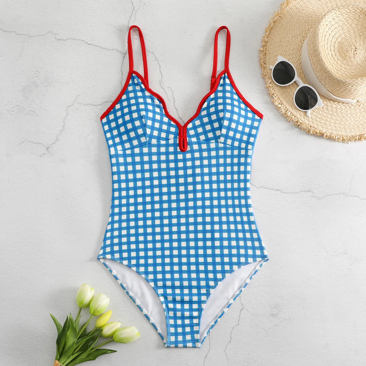 2024 Blue Plaid One Piece Swimsuit Women Swimwear Sexy Padded Slimming Korean Monokini Bodysuit Beach Wear Girls Bathing Suit