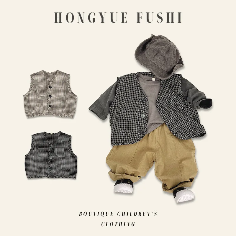 سترة منقوشة واحدة الصدر ربيع الخريف الكورية الجديدة L؛ Oose عارضة جديدة مريحة Grils الفتيان الأطفال