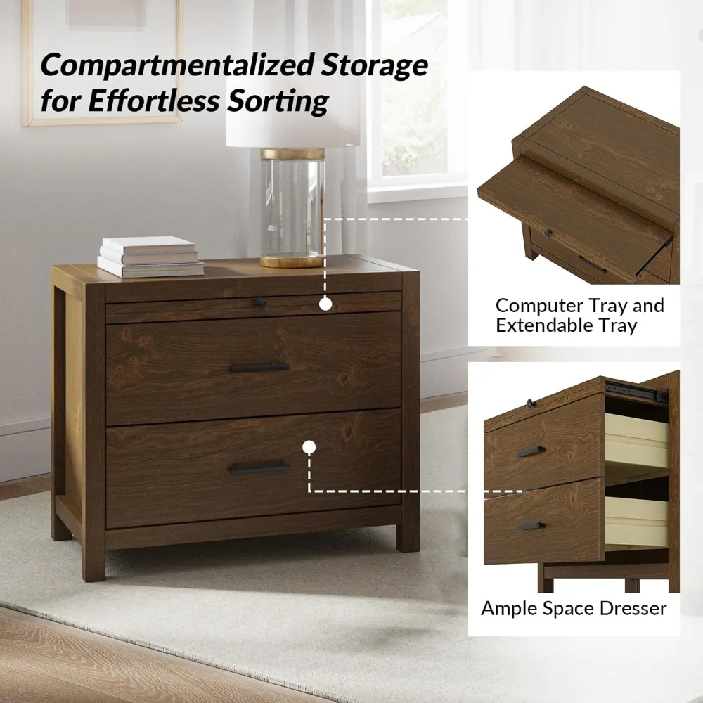 Nightstand with Drawers Set of 2, Wooden Nightstand Side Table with Storage and 1 Pull-out Tray for Bedroom, Walnut