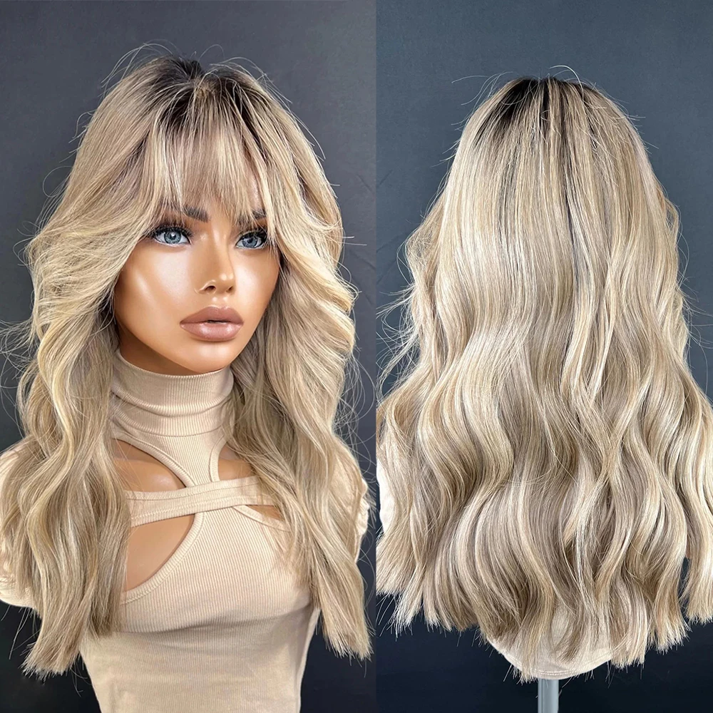 Synthetic Lace Wigs for Women Ash Honey Blonde Glueless Wigs with Bangs Wear and go 100% Natural Looking Fringe Wig Dark Roots