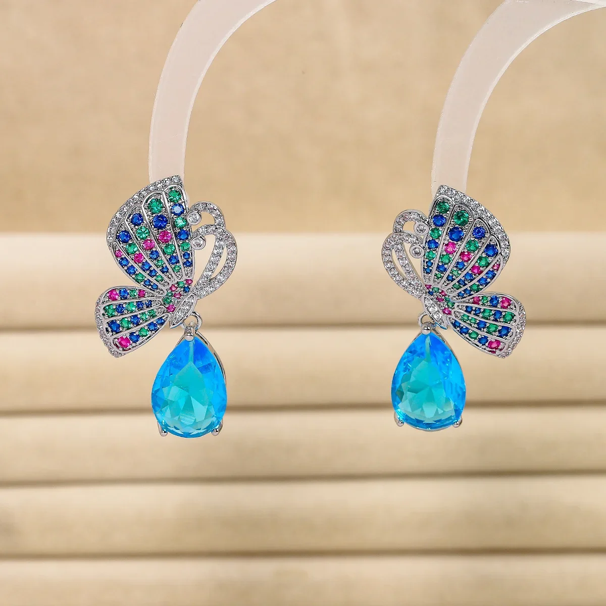 

Elegant Multicolor Butterfly Dangle Earrings with Teardrop Blue Gemstone Sparkling Crystal Inlay Perfect Women's Fashion Jewelry