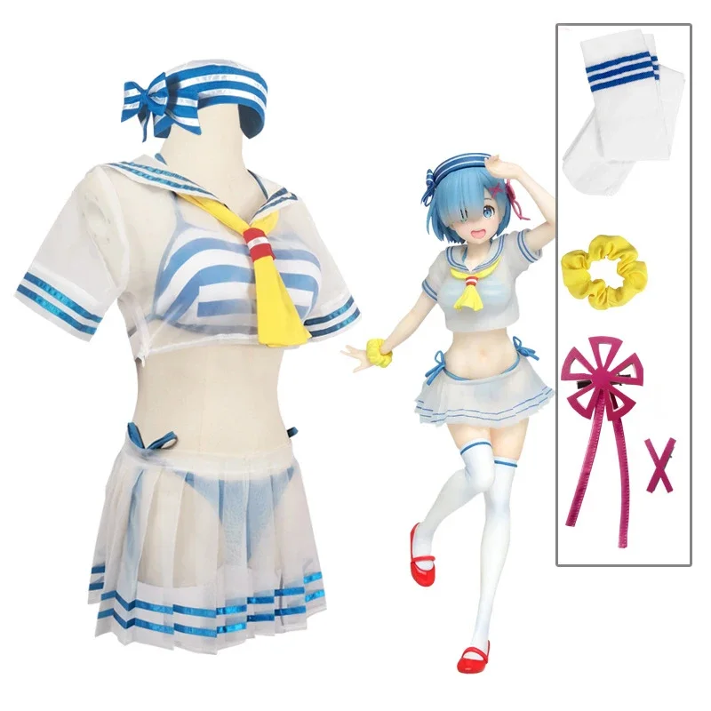 Illustration Re:Life In A Different World From Zero Rem Cosplay Costume Girl Wig Sailor Suit Cute Swimsuit Top Skirt Costumes