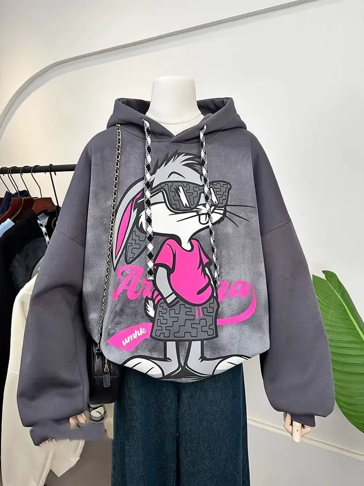 

Korean Style Oversized Cartoon Rabbit Graffiti Fleece Hoodie Women's Trendy Loose Sweatshirt Commute Winter Long Sleeve