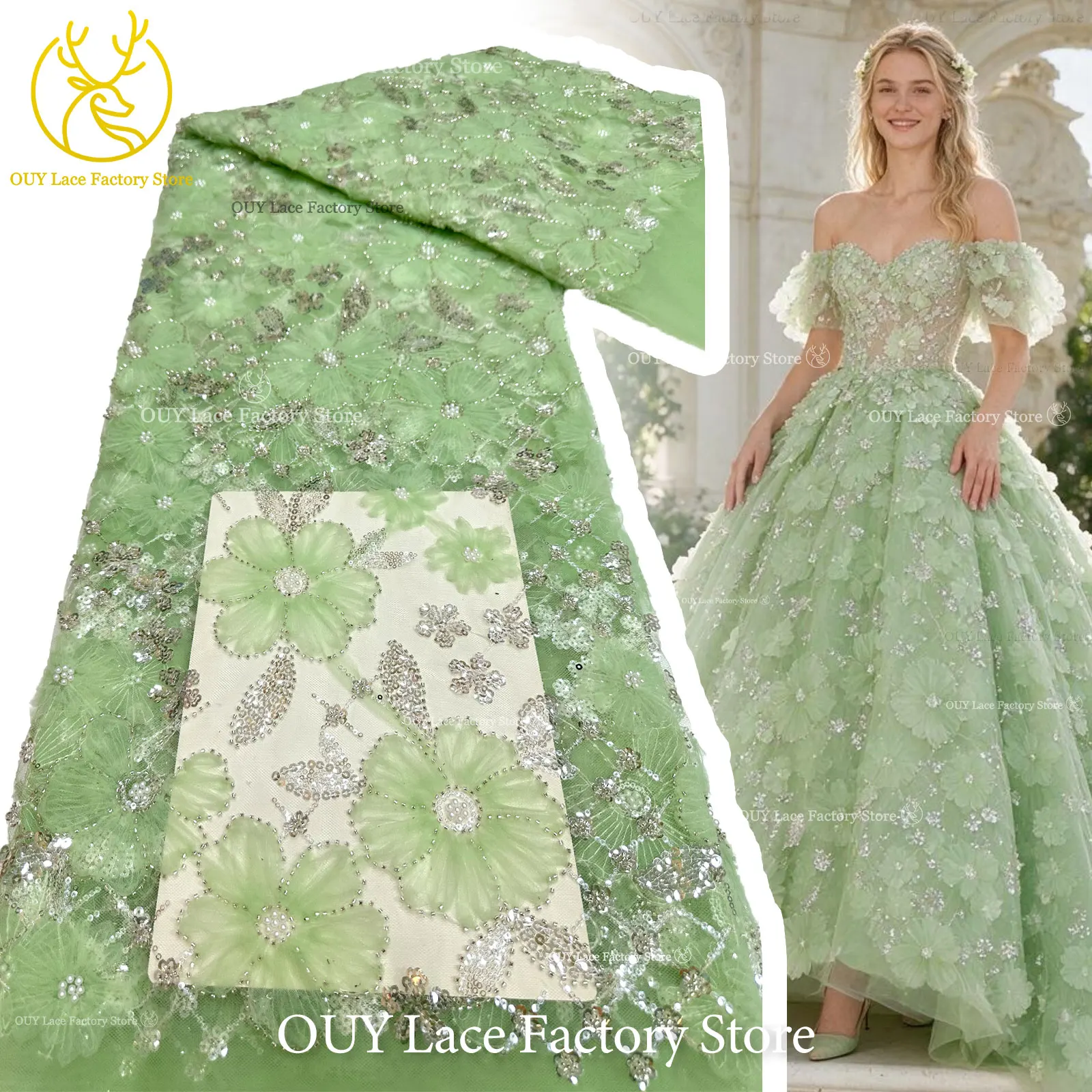 Premium 3D Flower Beaded Sheer Tulle Lace Wholesale African Sparkling Sequin Mesh Lace for Sewing Bridal Wedding & Evening Dress