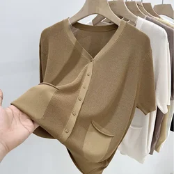 Korean Loose Pullover V-neck Ice Silk Short Sleeve T-shirt Women Solid Patchwork Screw Thread Fake Cardigan Pocket Knit Top N791