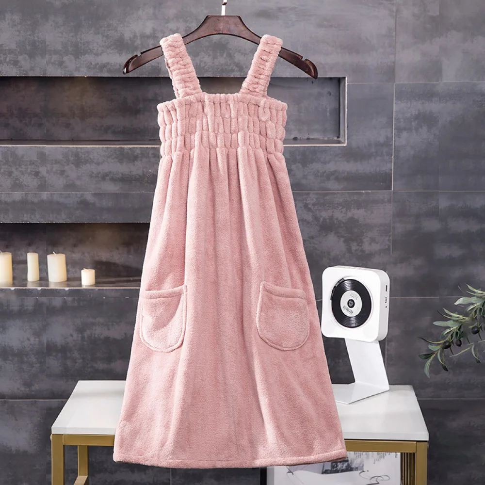 Premium Microfiber Wearable Bathing Skirt With Pockets Soft Absorbent Shower Wrap Dress Strappy Robe For Ladies Home