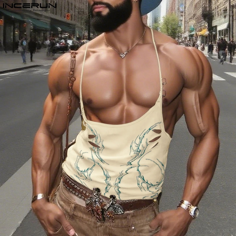 INCERUN Men Tank Tops Printing Hollow Out Sexy Sleeveless Summer Male Vests Streetwear 2025 Fashion Casual Men Clothing Tops