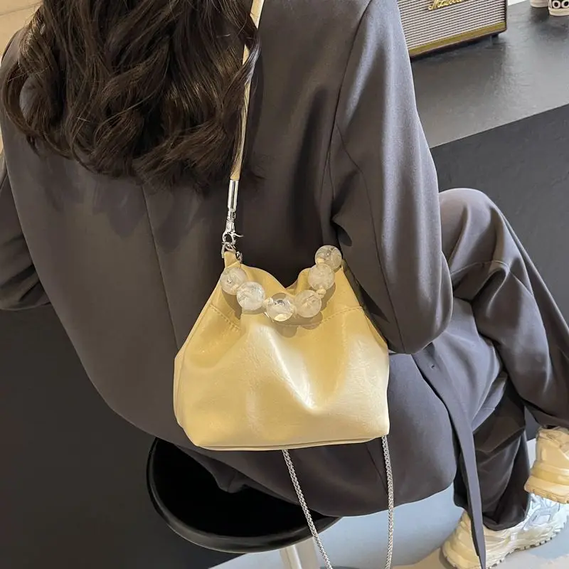 Bolso de hombro con abalorios para mujer, bolsa de mano clásica de Color sólido, diseño de lujo coreano, combina con todo