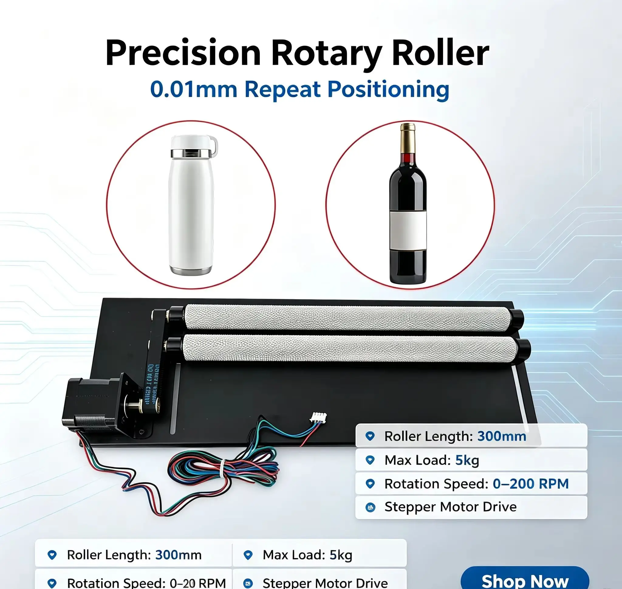 Roller Rotary Axis Nema23 57HS56 Stepper Motor Laser Marking Rotary Attachment, 10-130mm Cylinder Laser Engraving Rotary Fixture