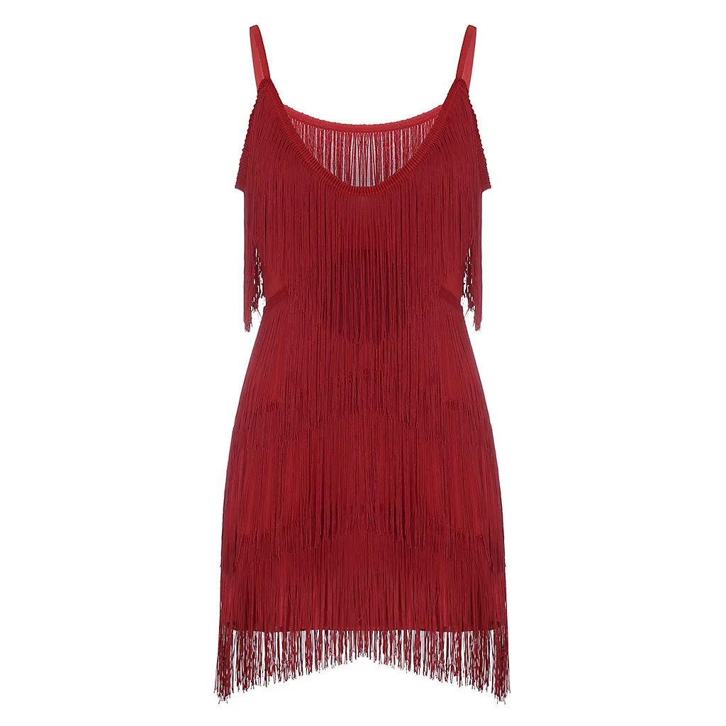 Women Sexy Tassel Latin Dress Tiered Fringe Flapper Dresses Evening Nightclub Dancing Fancy Costumes Round-Neck Sequin Sundress