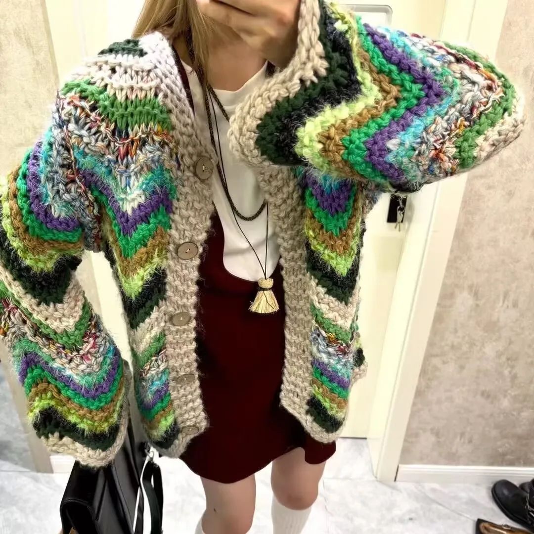 Handmade Wave Striped Women Cardigan 2024 Fall Winter Chunky Multi Color Sweater KnitwearJumper Niche Design