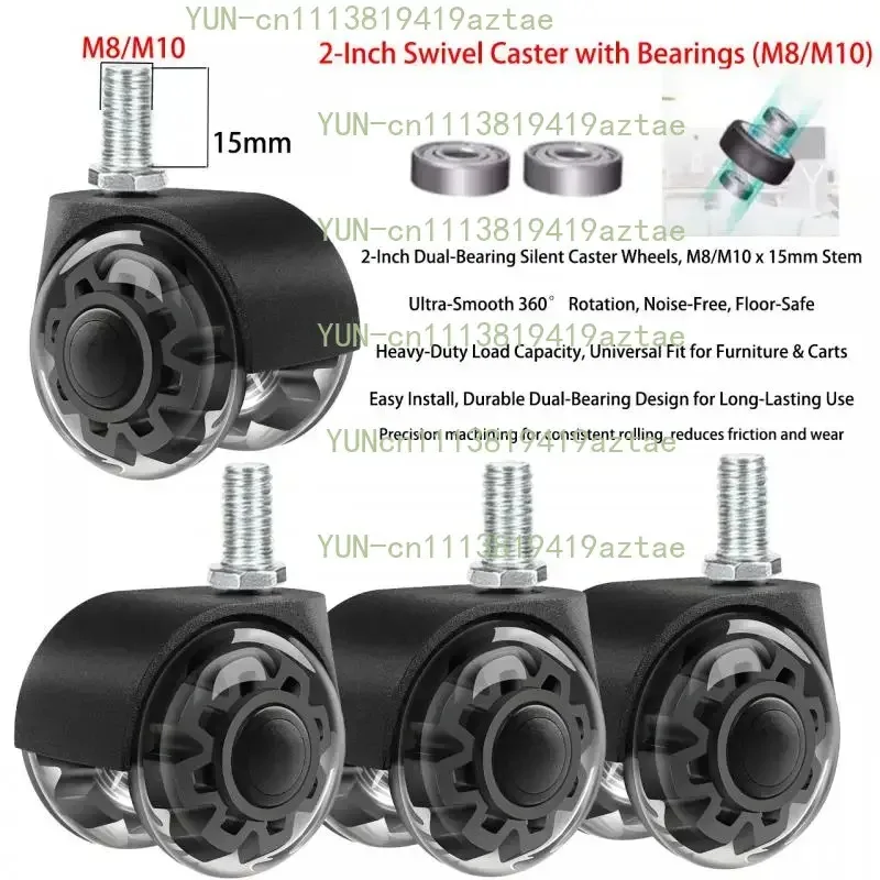 4pcs 2 Inch PU Dual Bearing Silent Caster Wheels M8 M10 X 15mm Threaded Stem 360° Swivel Wheels For Furniture Office Chair Cart