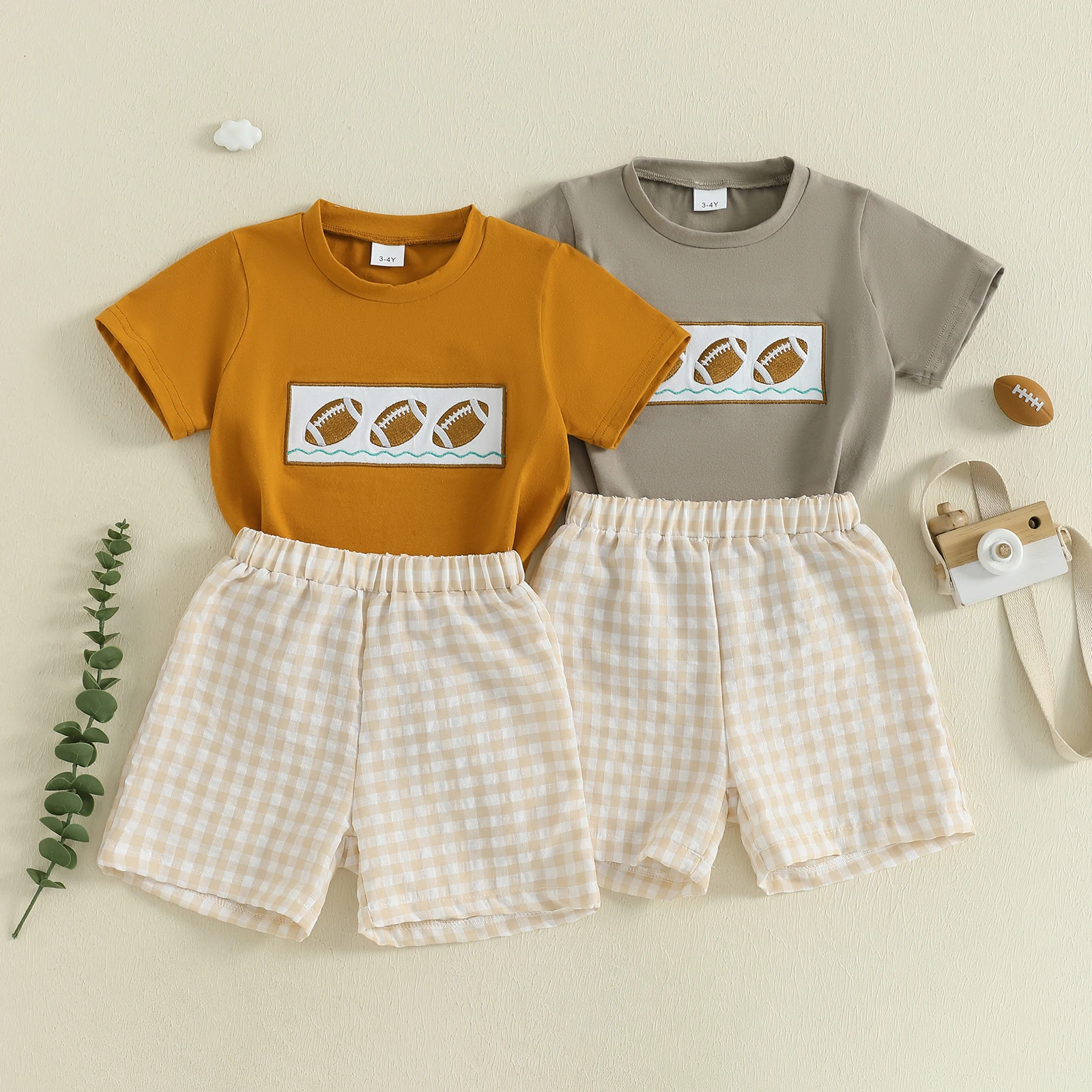 

1-5 Years Toddler Baby Summer Outfits Football Embroidery Short Sleeve Round Neck T-Shirts with Plaid Shorts 2Pcs Set