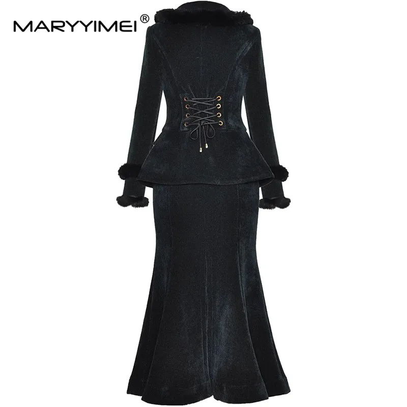 MARYYIMEI Women's Fashion Streetwear Suit Notched Double-breasted Coat Tops+Straight Skirt Autumn and Winter 2 piece set