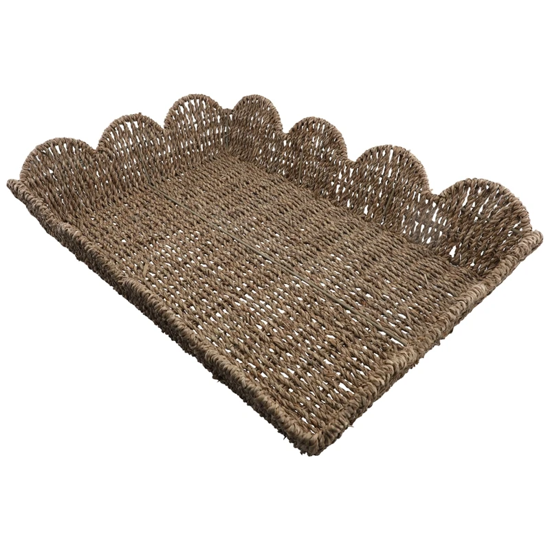 Large Wicker Fan-Shaped Edge Tray, Rectangular Tray, Hand-Woven Fan-Shaped Rattan Tray, Decorative Wicker Tray