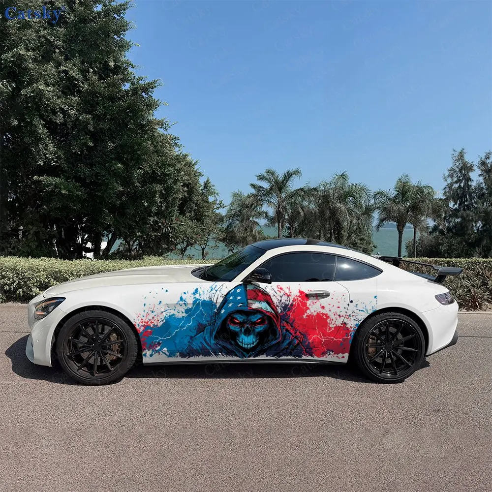 

2pcs Red And Blue Skull Decal, Durable, Fade-Resistant, Enhance Your Vehicles Aesthetic With Bold Art Design Car Vinyl Wrap