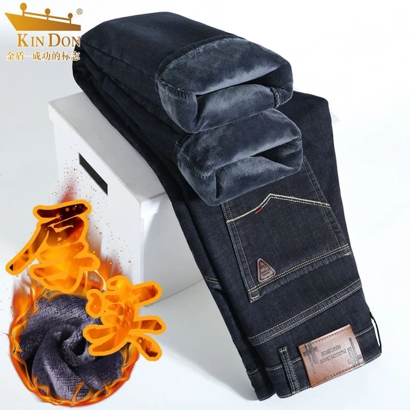 Tendenza moda invernale tinta unita con jeans caldi morbidi e spessi per jeans sportivi larghi casual da uomo a gamba dritta di alta qualità