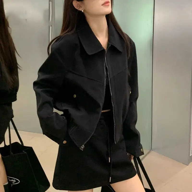 Vintage Zip Up Jacket Ladies Faux Suede Notched Lapel Long Sleeve Soft Pocket Coffee Cropped Loose Thick Elegant Casual Jacket
