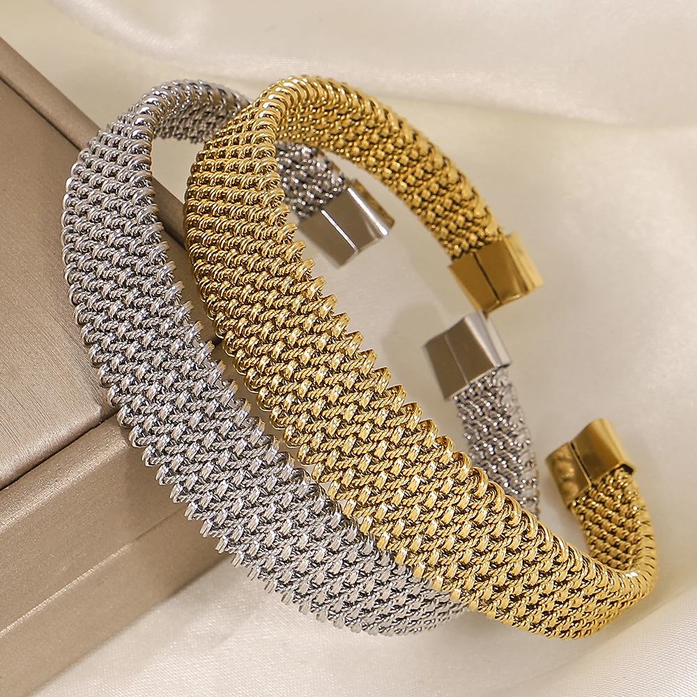 Greatera grobes, fein gewebtes, verstellbares, offenes Armband, Delikatesse, Edelstahl, europäisch-amerikanisches Drahtgeflecht-Design, Damen-Armreif