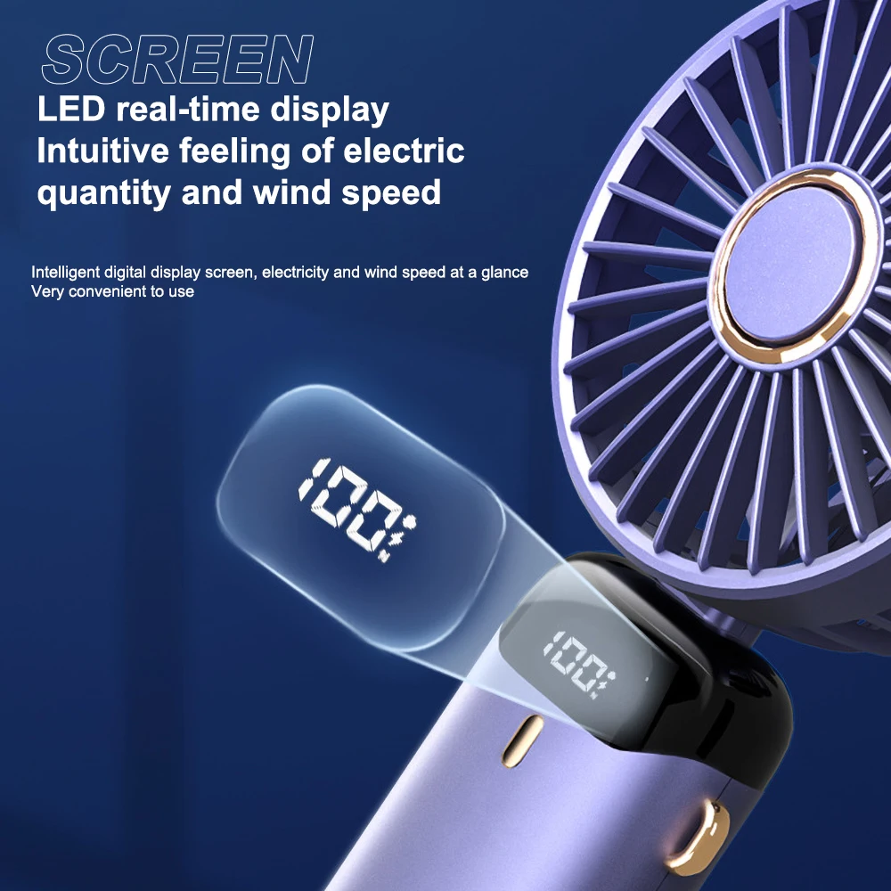 Mini Portable Fan USB Charging Lazy Fan Led Light Display Small Desk Fan Outdoor Camping Home Air Condition Handheld Fan 5 Speed