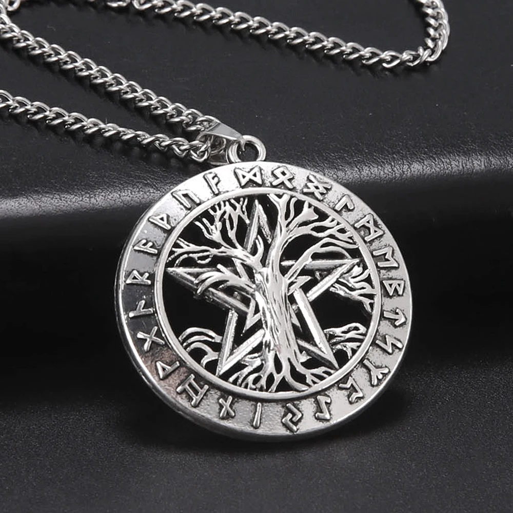 Dawapara Norse Runes Amulet Pendant Necklace Yggdrasil The Tree of Life Pentagram Nordic Talisman Celtics Jewelry