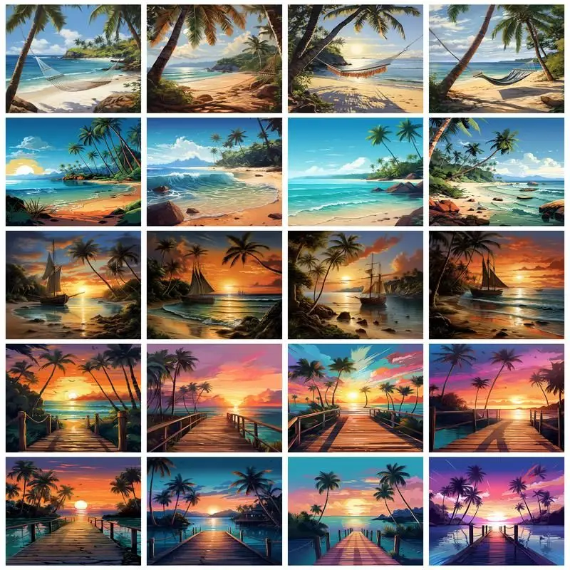 CHENISTORY Paint By Number Coconut Tree Sea View Scenery Kits Drawing On Canvas DIY Pictures By Number Gift Home Decor