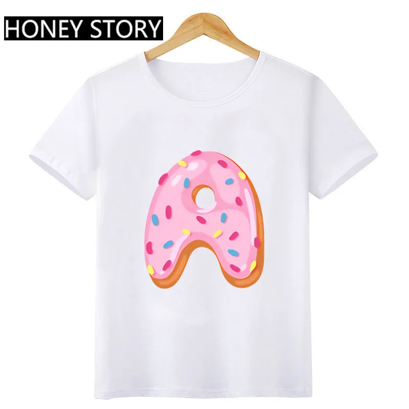 Pink Donut 26 English Letters ABC Cartoon Printed Children's Round Neck Short Sleeve for Boys and Girls