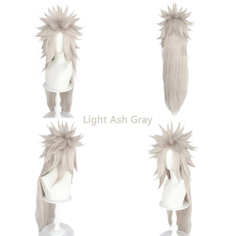 Light Ash Gray Spiky Long Straight Ponytail Cosplay Wig Unisex Heat Resistant Synthetic Anime Wig for Halloween Party Costume