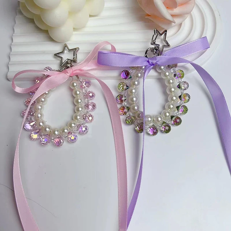 Ribbon Bowknot Crystal Pearl Bead Phone Chain Hanging Rope For Iphone Android Bag Pendant Key Chain Decoration Key Rings