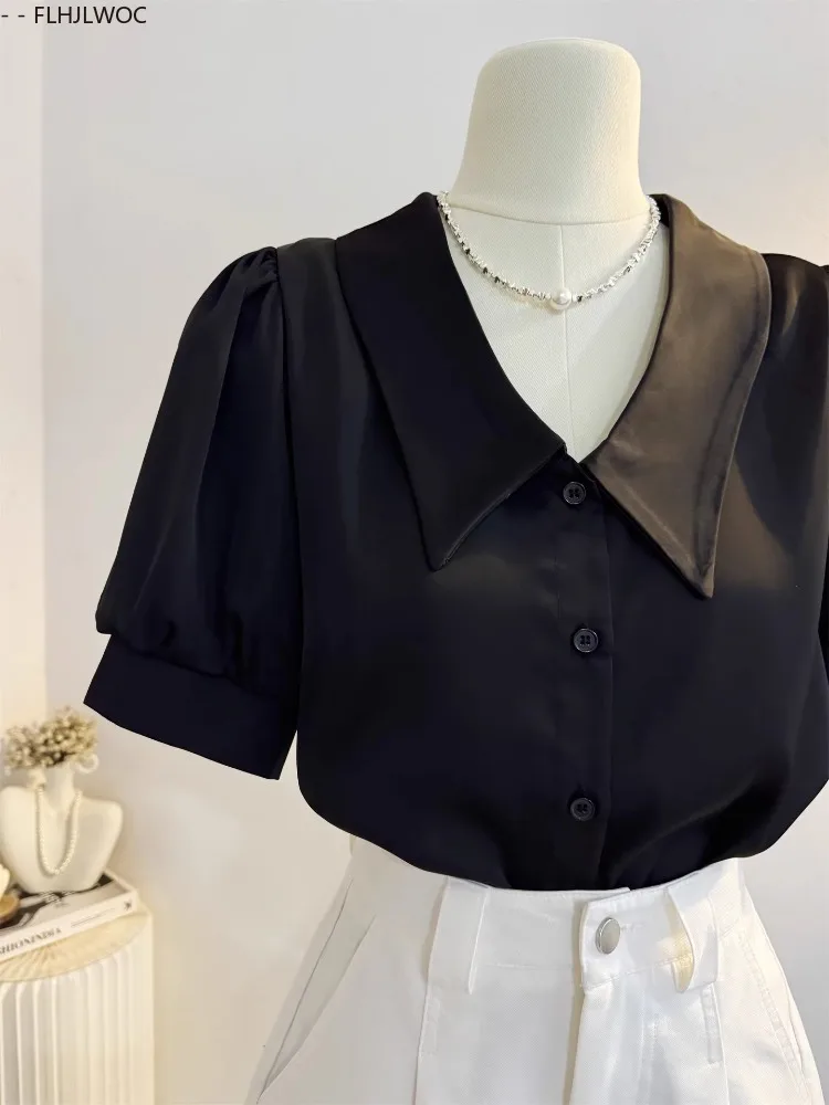 Camisas pretas elegantes design francês mulheres verão puff manga senhora do escritório botão sólido básico moda commuter topos blusas
