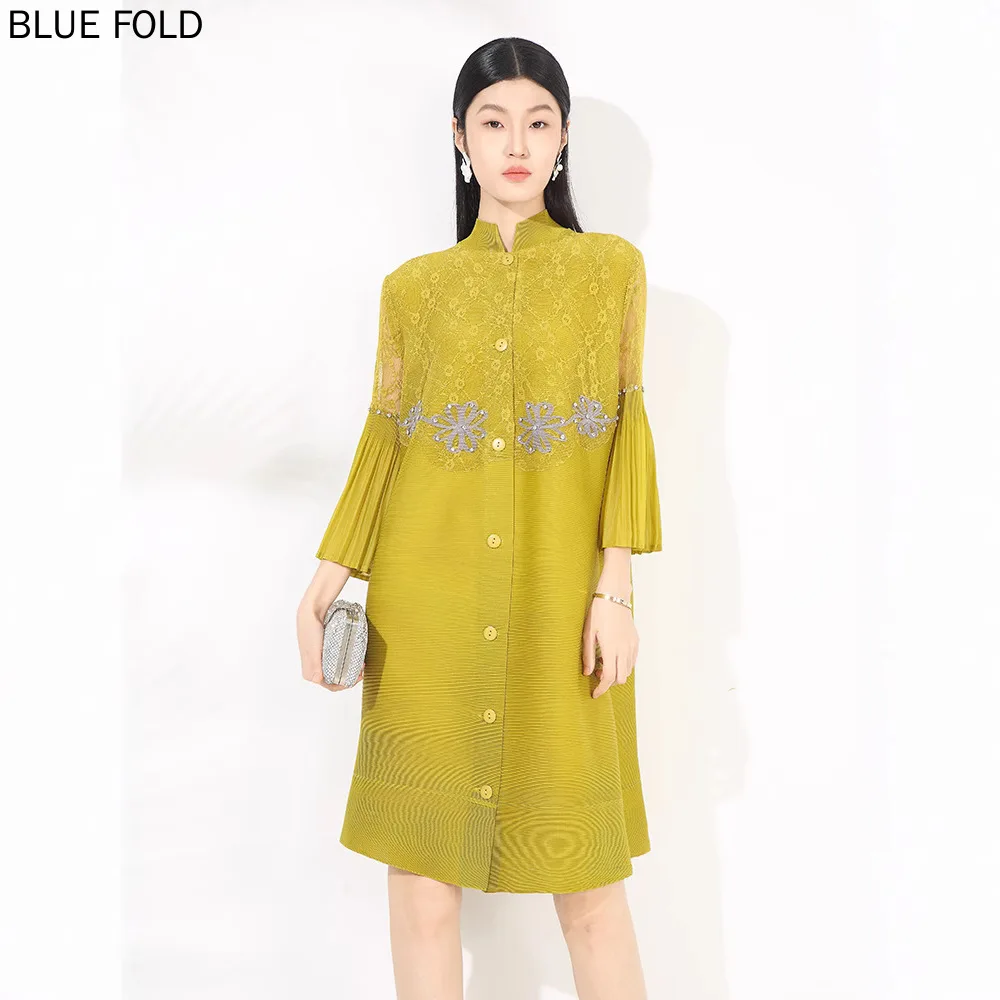 

Pleated Dress Spring and Summer New Aristocratic Lady's Mother Outfit Large Size Loose Stand Collar Cardigan Beaded Mid-length
