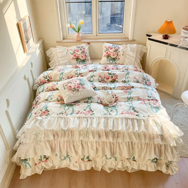 WEPICK French Bed Skirt Romantic Floral Pure Cotton Bed Four-piece Set of 100% Cotton Pastoral Princess Style Lace Duvet Cover